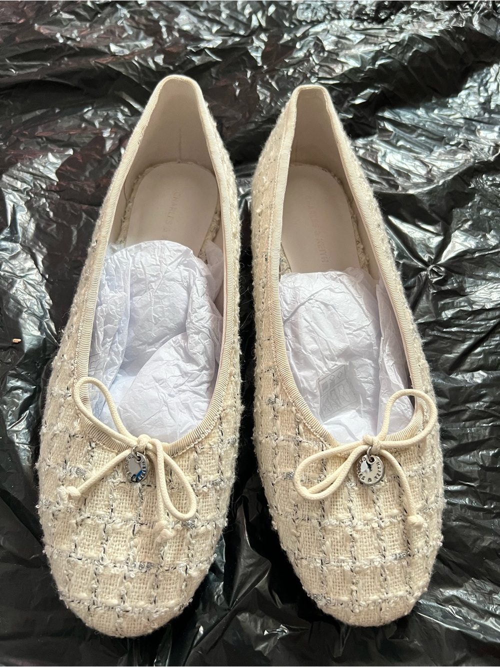Charles & Keith Elegant Cream Tweed Ballet Flats with Bow